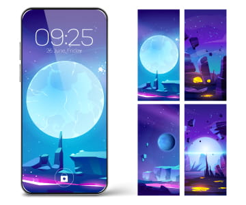 a phone and several screen Illustrations